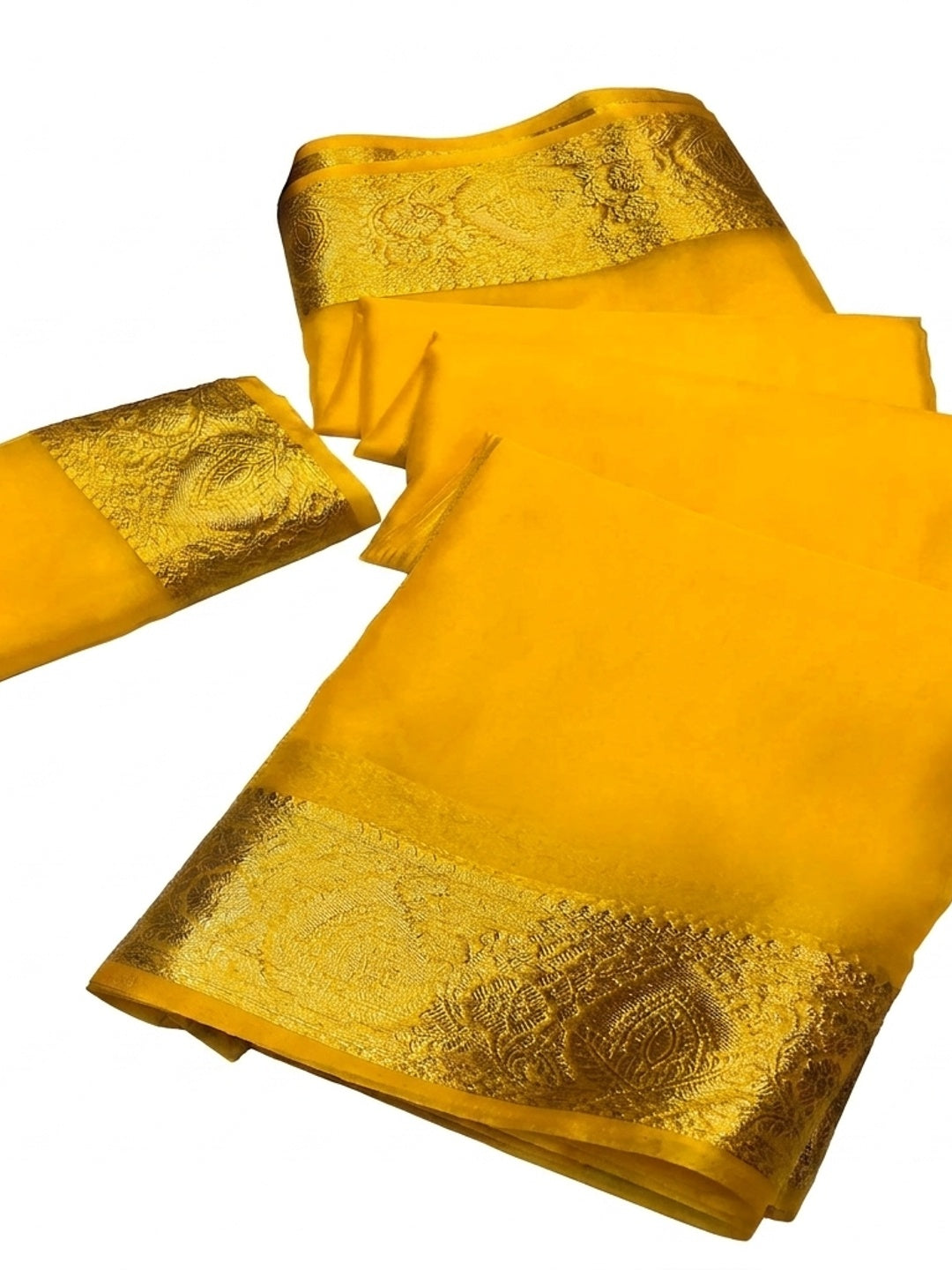 Mustard Solid Organza Saree With Zari Border - Image 2
