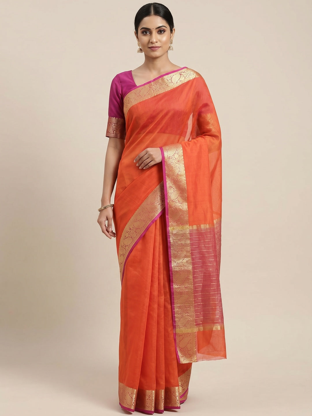 Orange Solid Organza Saree With Zari Border - Image 1