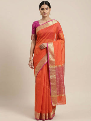 Orange Solid Organza Saree With Zari Border - Image 1
