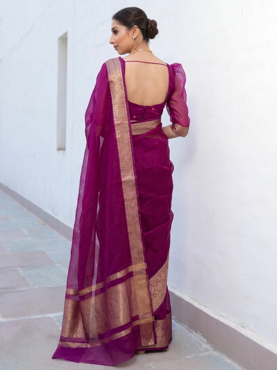 Dark Purple Solid Organza Saree With Zari Border - Image 2