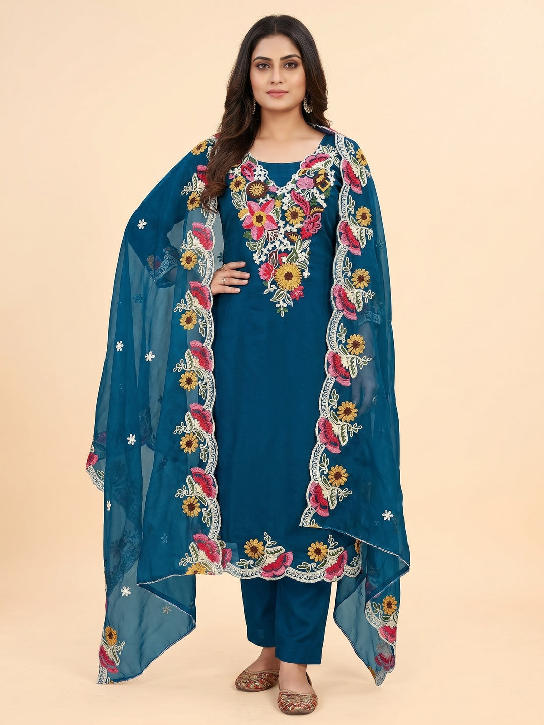 Blue Floral Embroidered Organza Dress Material - Image 1