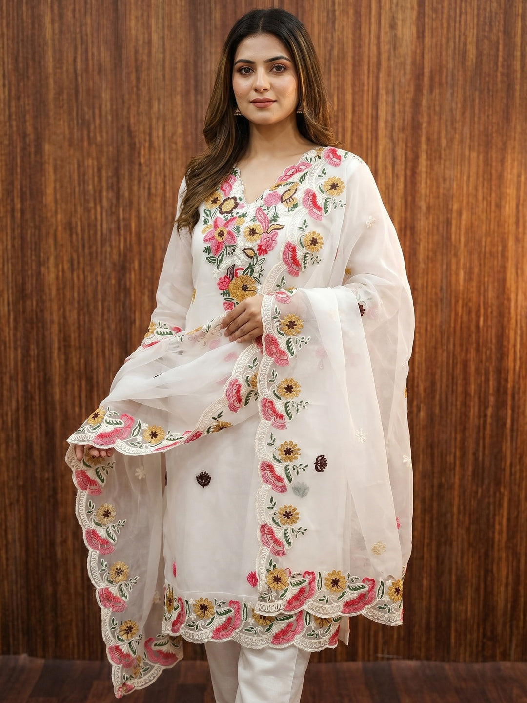 White Floral Embroidered Organza Dress Material - Image 1