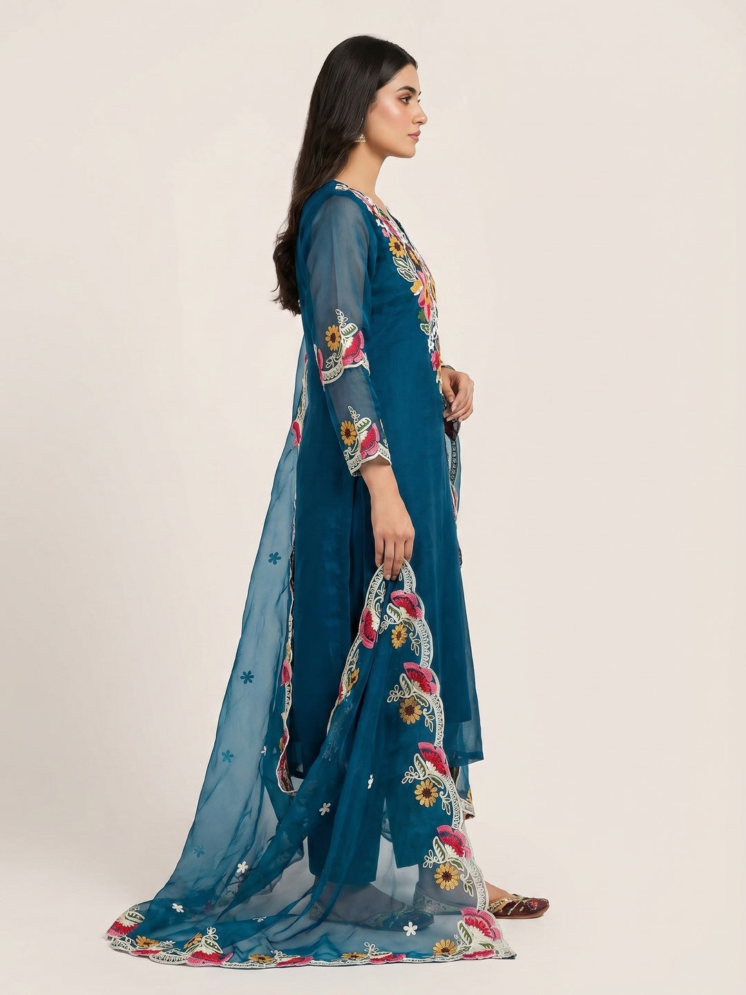 Blue Floral Embroidered Organza Dress Material - Image 3