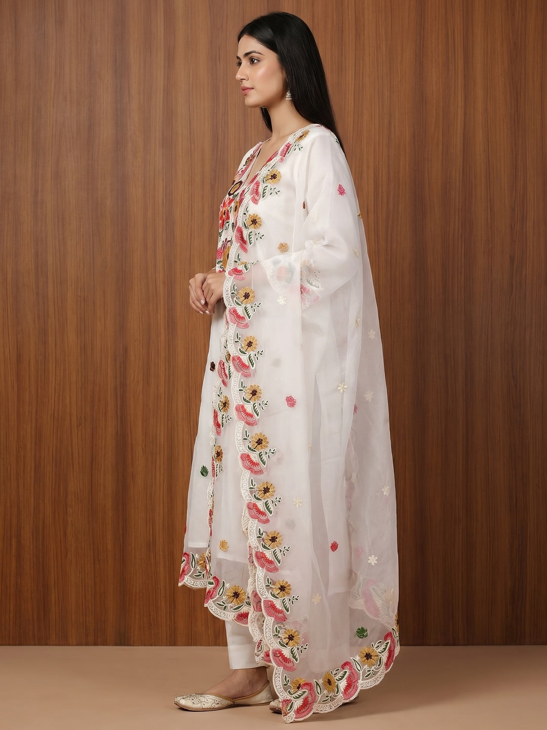 White Floral Embroidered Organza Dress Material - Image 3