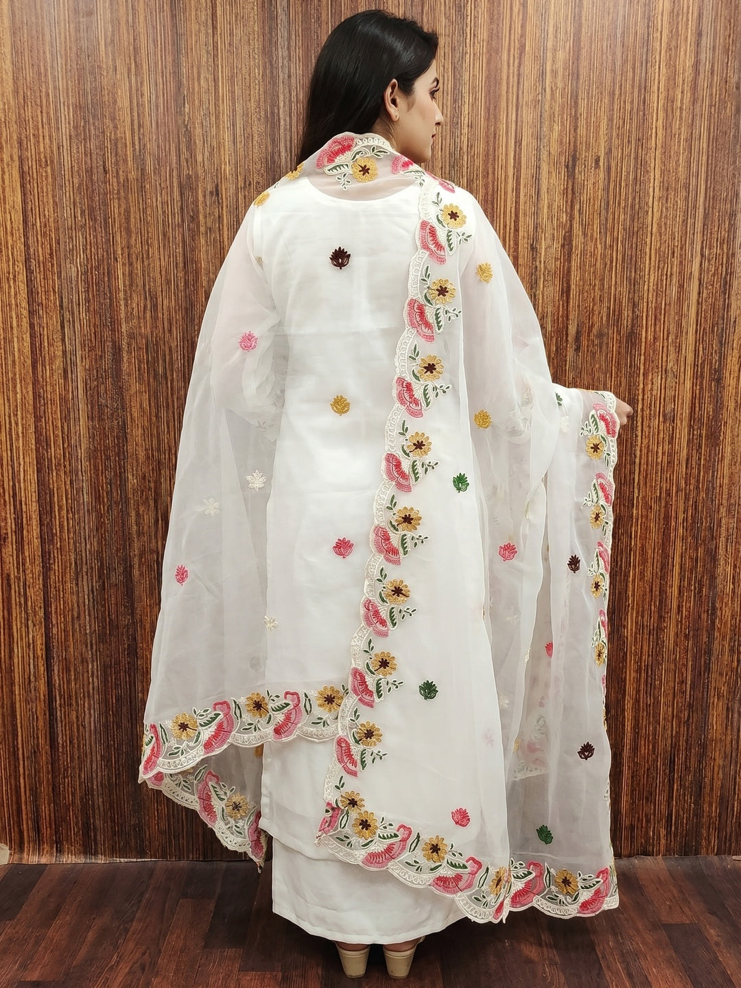 White Floral Embroidered Organza Dress Material - Image 2