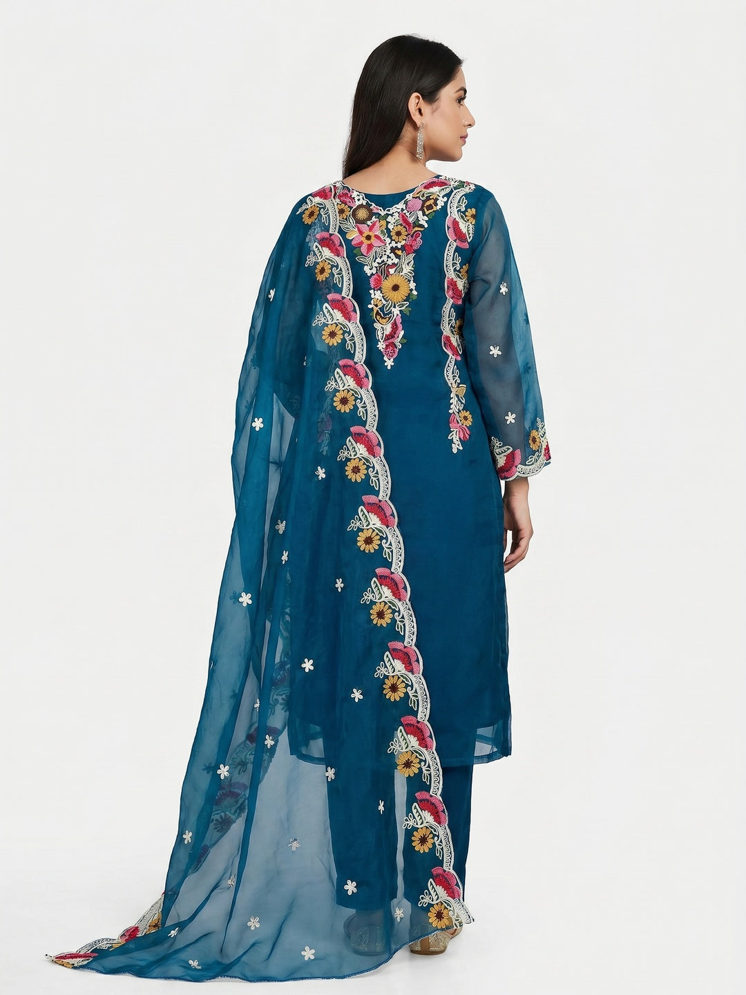 Blue Floral Embroidered Organza Dress Material - Image 2