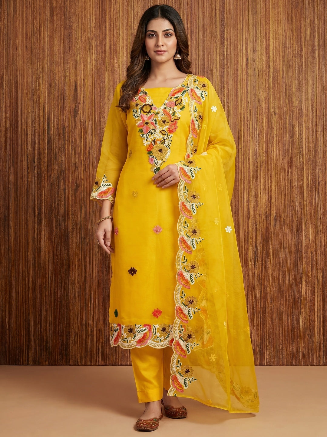 Yellow Floral Embroidered Organza Dress Material - Image 1
