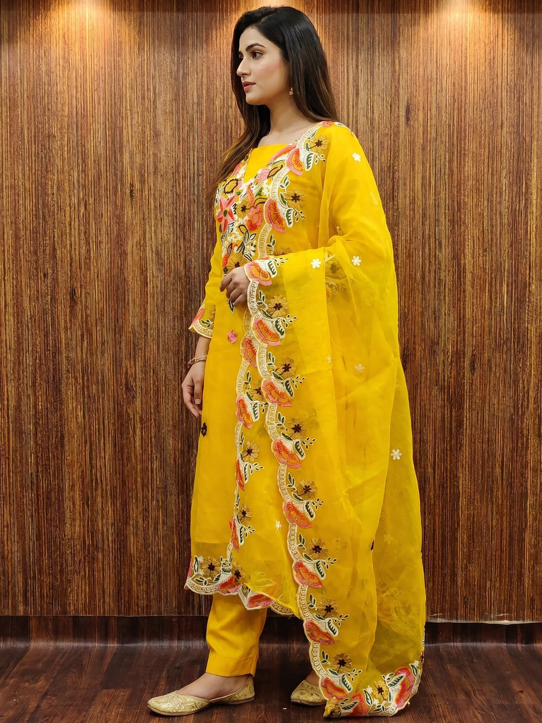 Yellow Floral Embroidered Organza Dress Material - Image 3