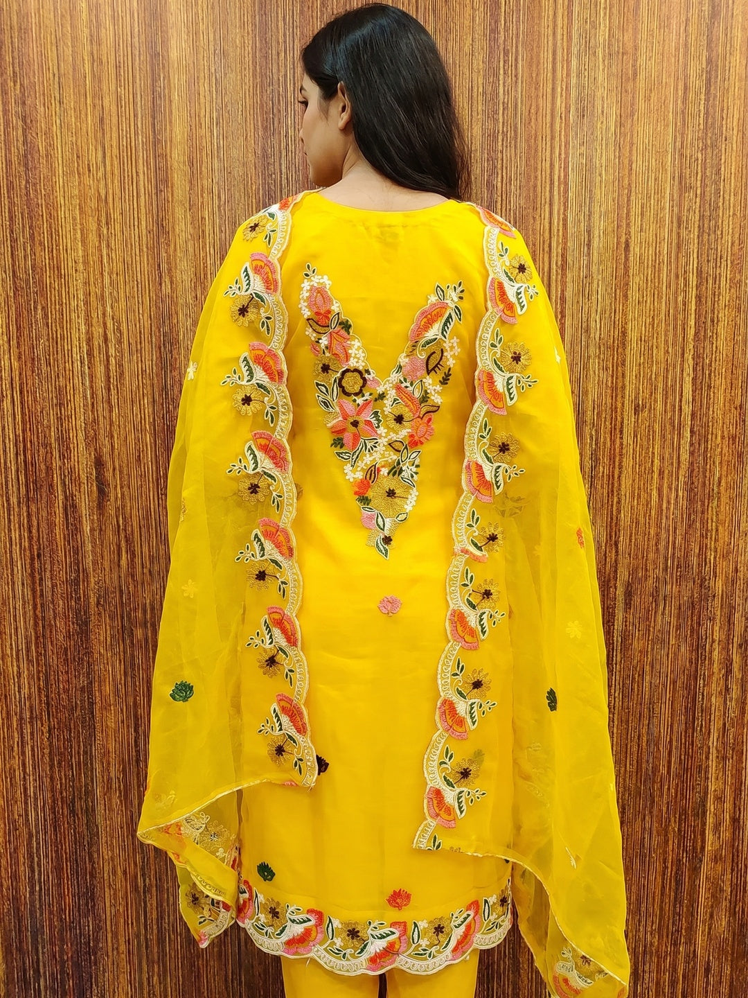 Yellow Floral Embroidered Organza Dress Material - Image 2