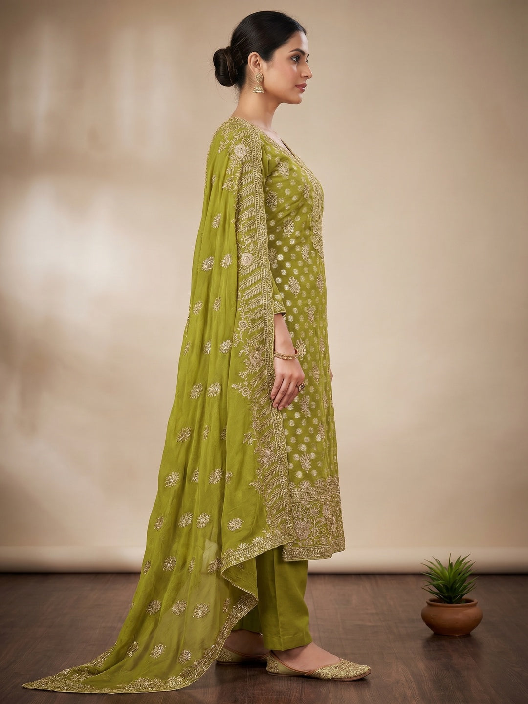 Mehendi Green Floral Embroidered With Woven Georgette Dress Material - Image 3