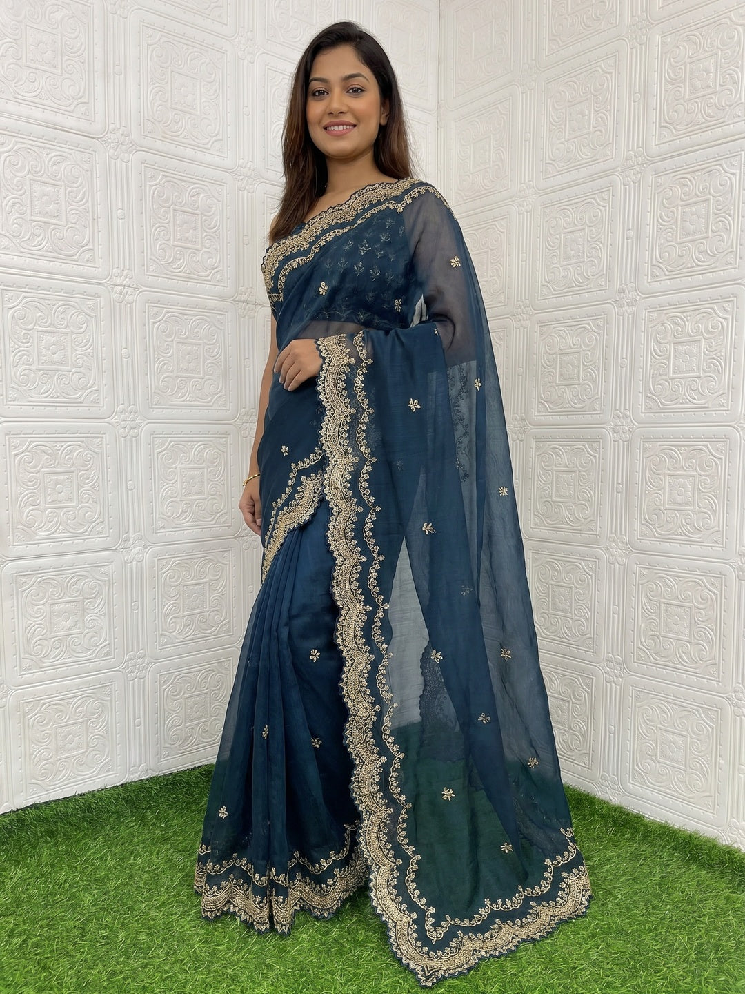 Blue Embroidered Chiffon Saree - Image 1