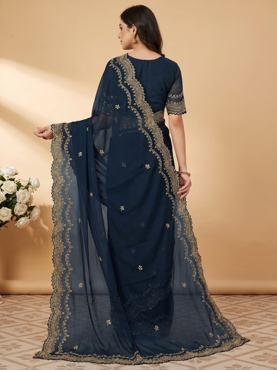 Blue Embroidered Chiffon Saree - Image 3