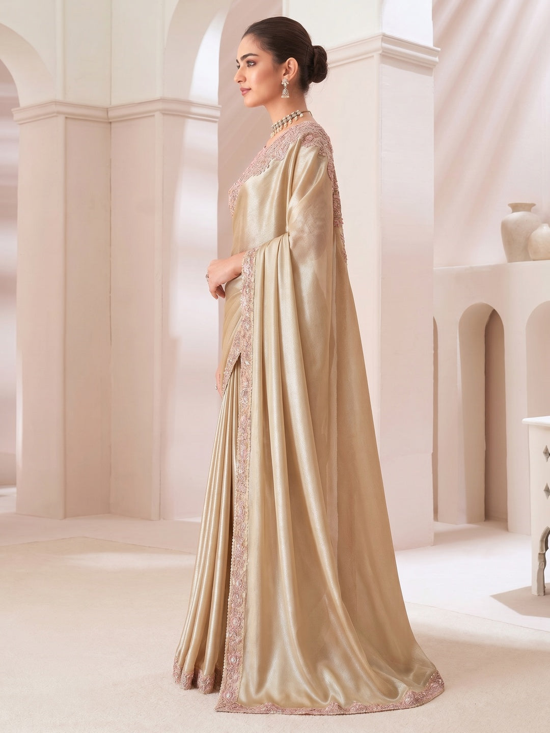 Beige Embroidered Chiffon Saree - Image 1