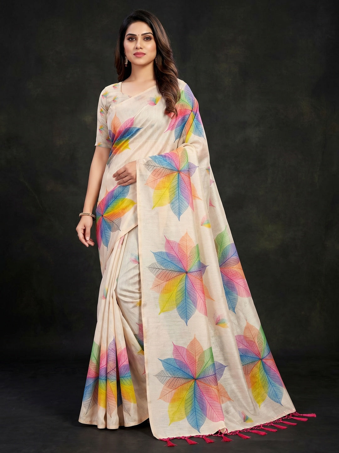 Light Chikoo Floral Printed Art Silk Saree With Tassels - Image 1
