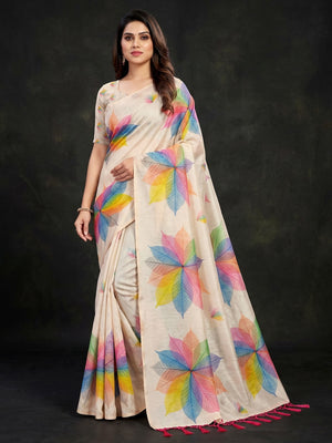 Light Chikoo Floral Printed Art Silk Saree With Tassels - Image 1