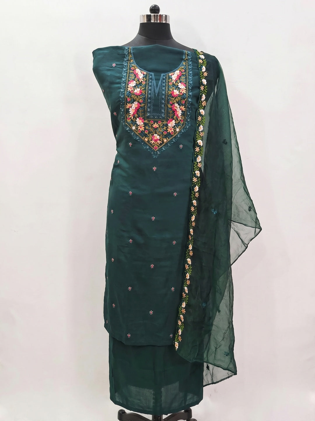 Morpich Green Floral Embroidered Viscose Dress Material - Image 1