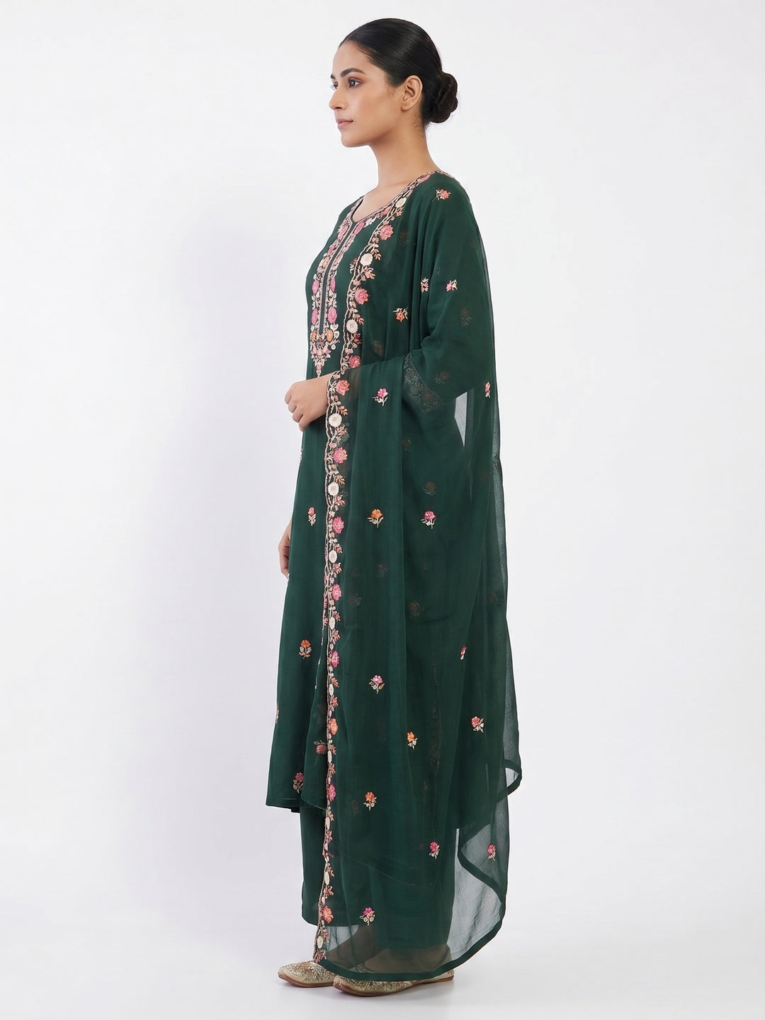 Morpich Green Floral Embroidered Viscose Dress Material - Image 2