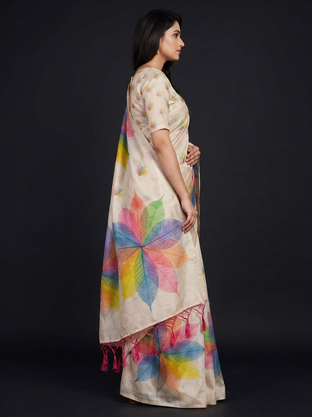 Light Chikoo Floral Printed Art Silk Saree With Tassels - Image 3