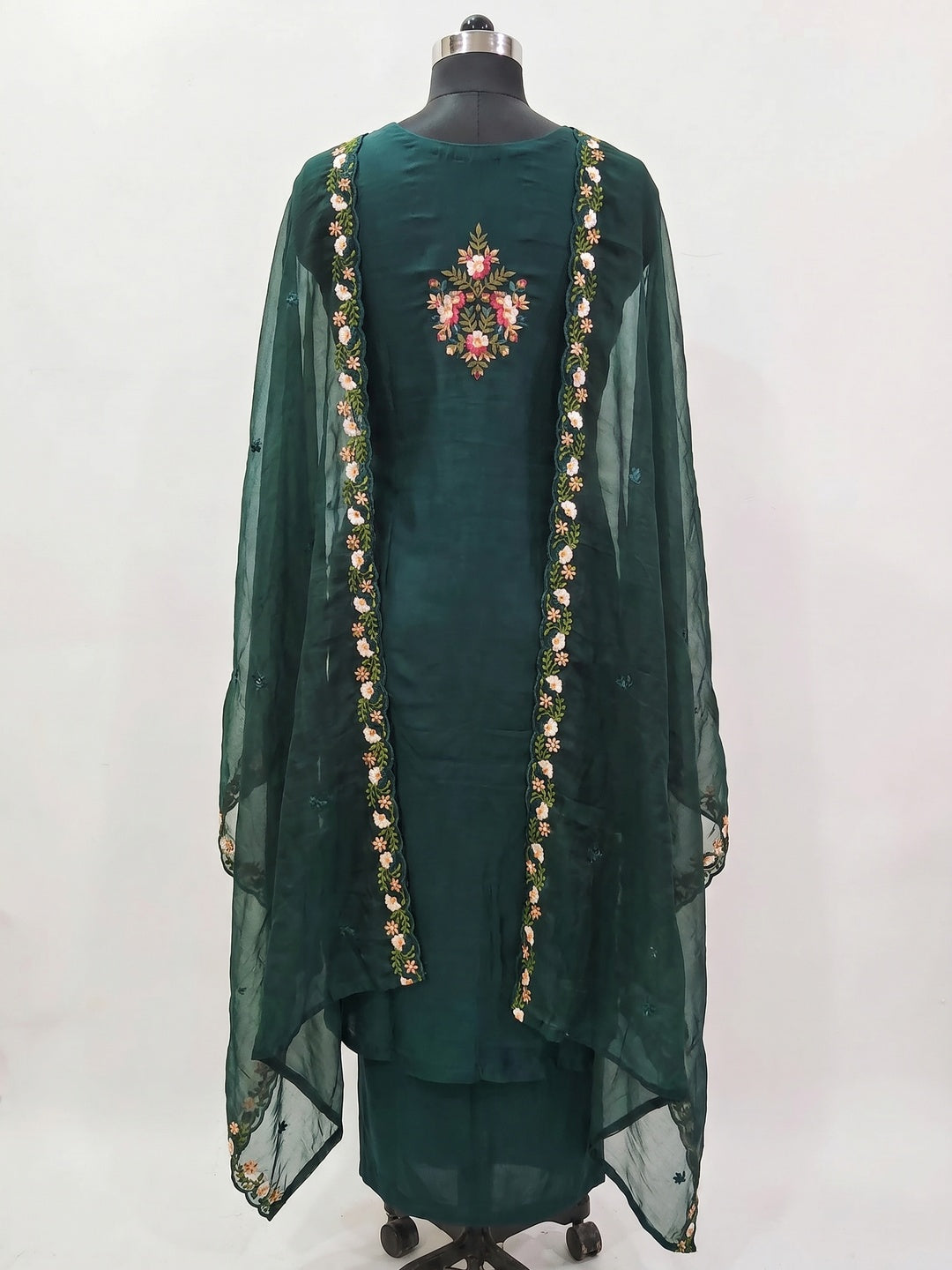 Morpich Green Floral Embroidered Viscose Dress Material - Image 3