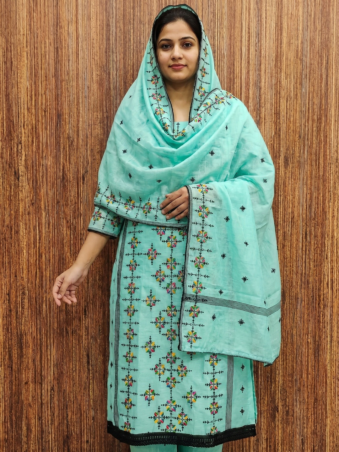 Turquoise Embroidered Chanderi Cotton Dress Material - Image 1