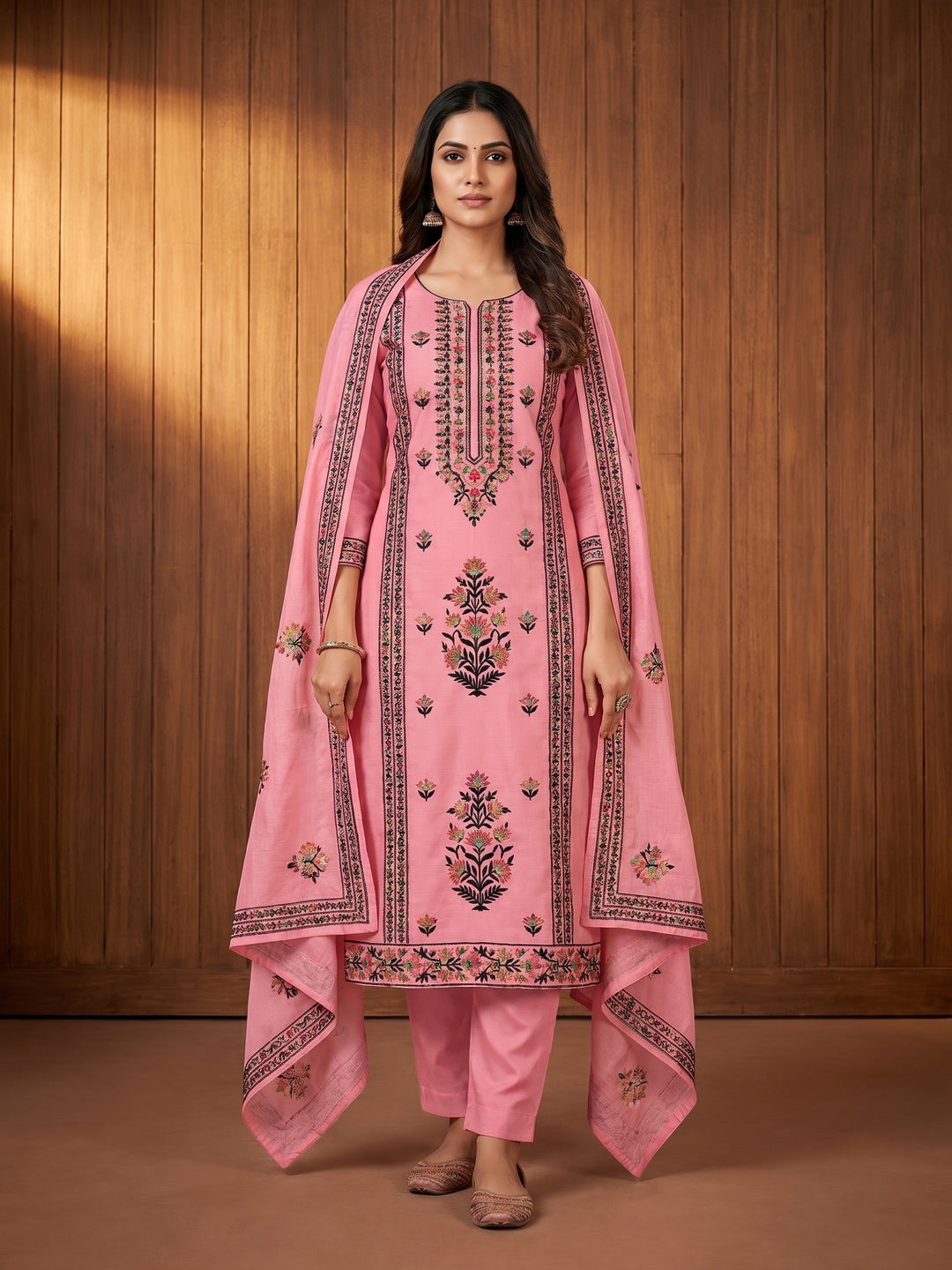 Pink Embroidered Chanderi Cotton Dress Material - Image 1