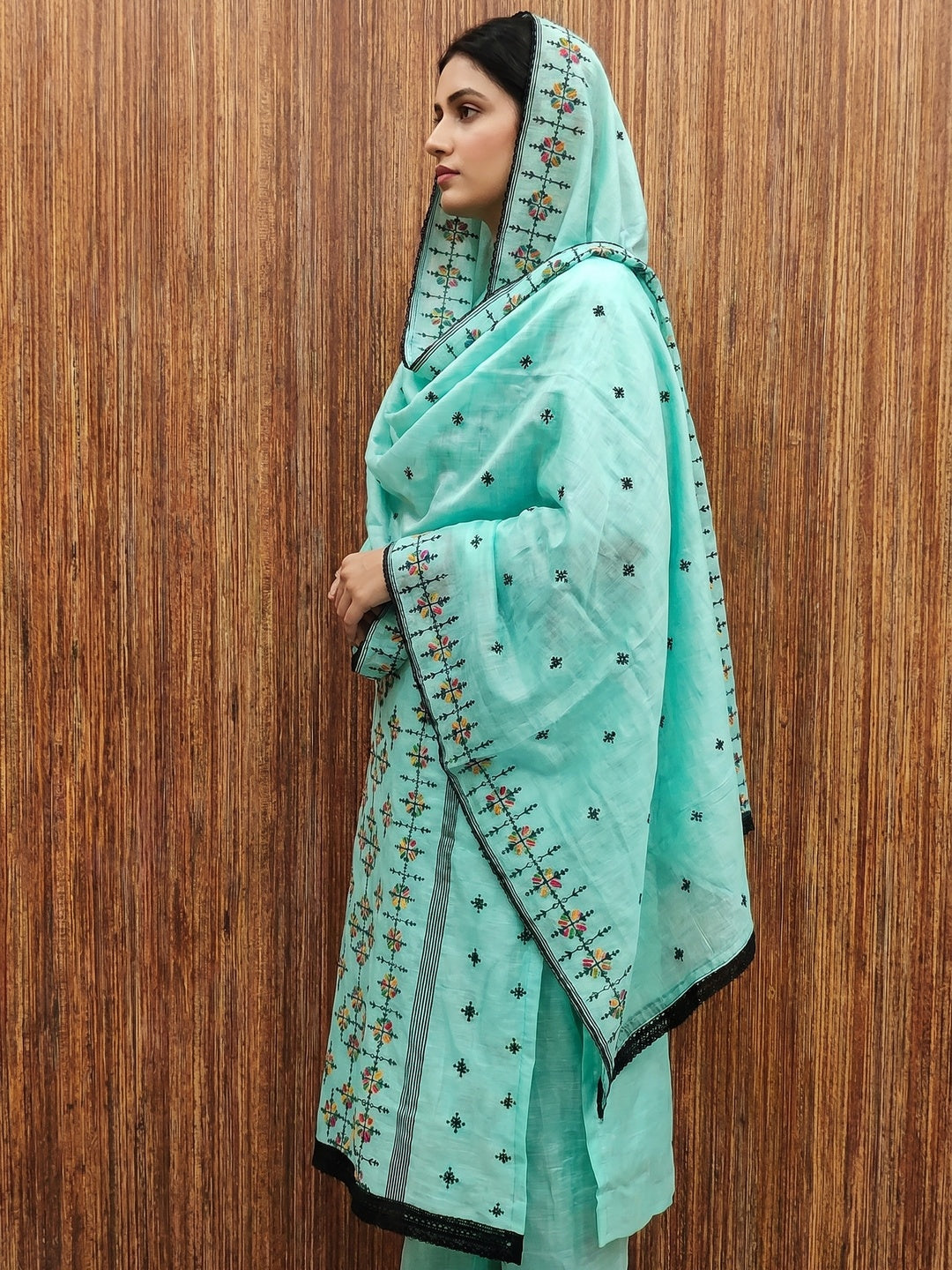 Turquoise Embroidered Chanderi Cotton Dress Material - Image 3