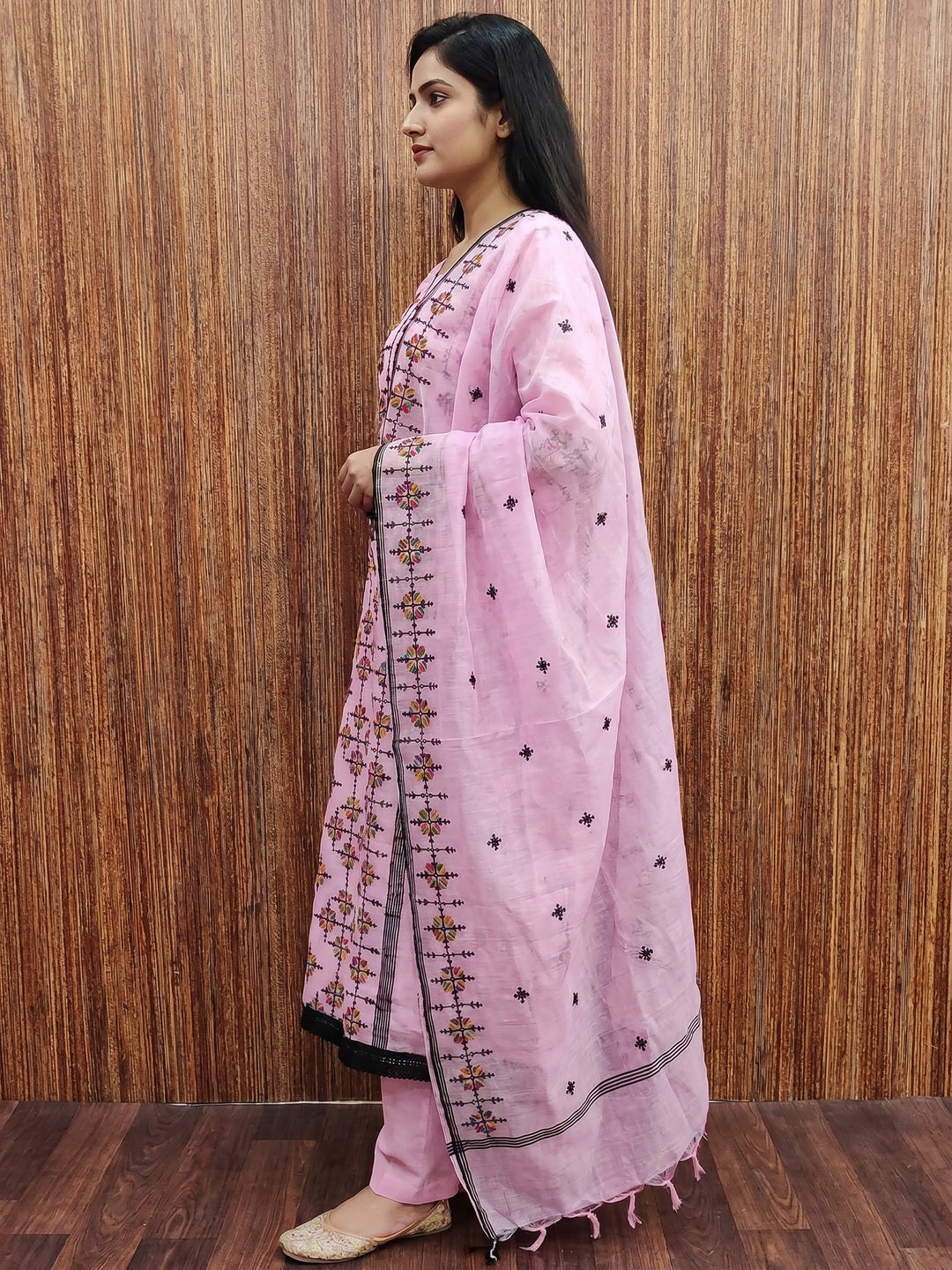 Pink Embroidered Chanderi Cotton Dress Material - Image 3