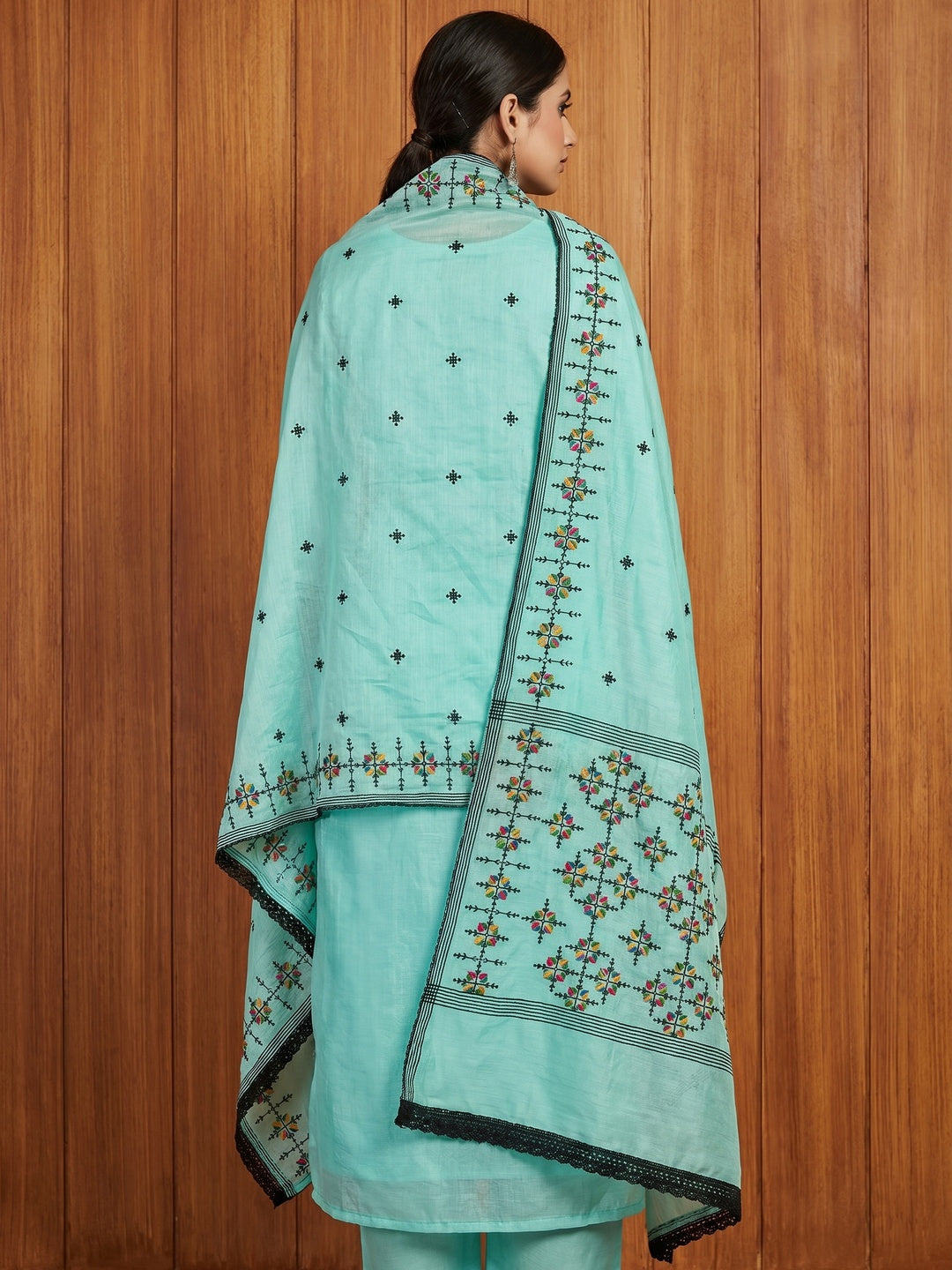 Turquoise Embroidered Chanderi Cotton Dress Material - Image 2
