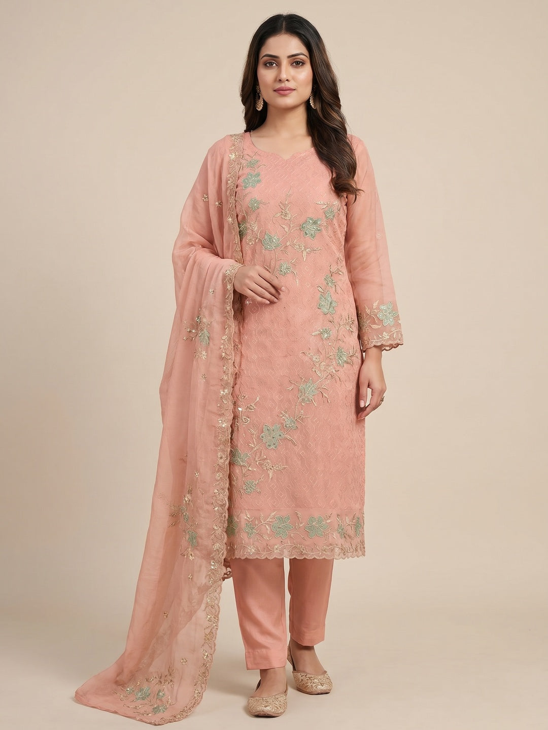 Peach Floral Embroidered Organza Dress Material - Image 1