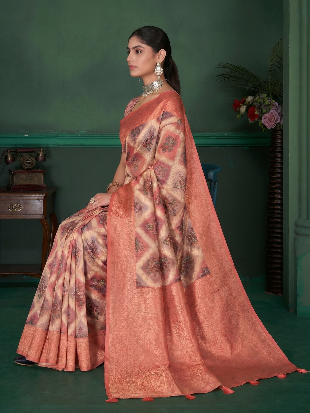 Peach Woven With Floral Digital Printed Cotton Saree - Image 1