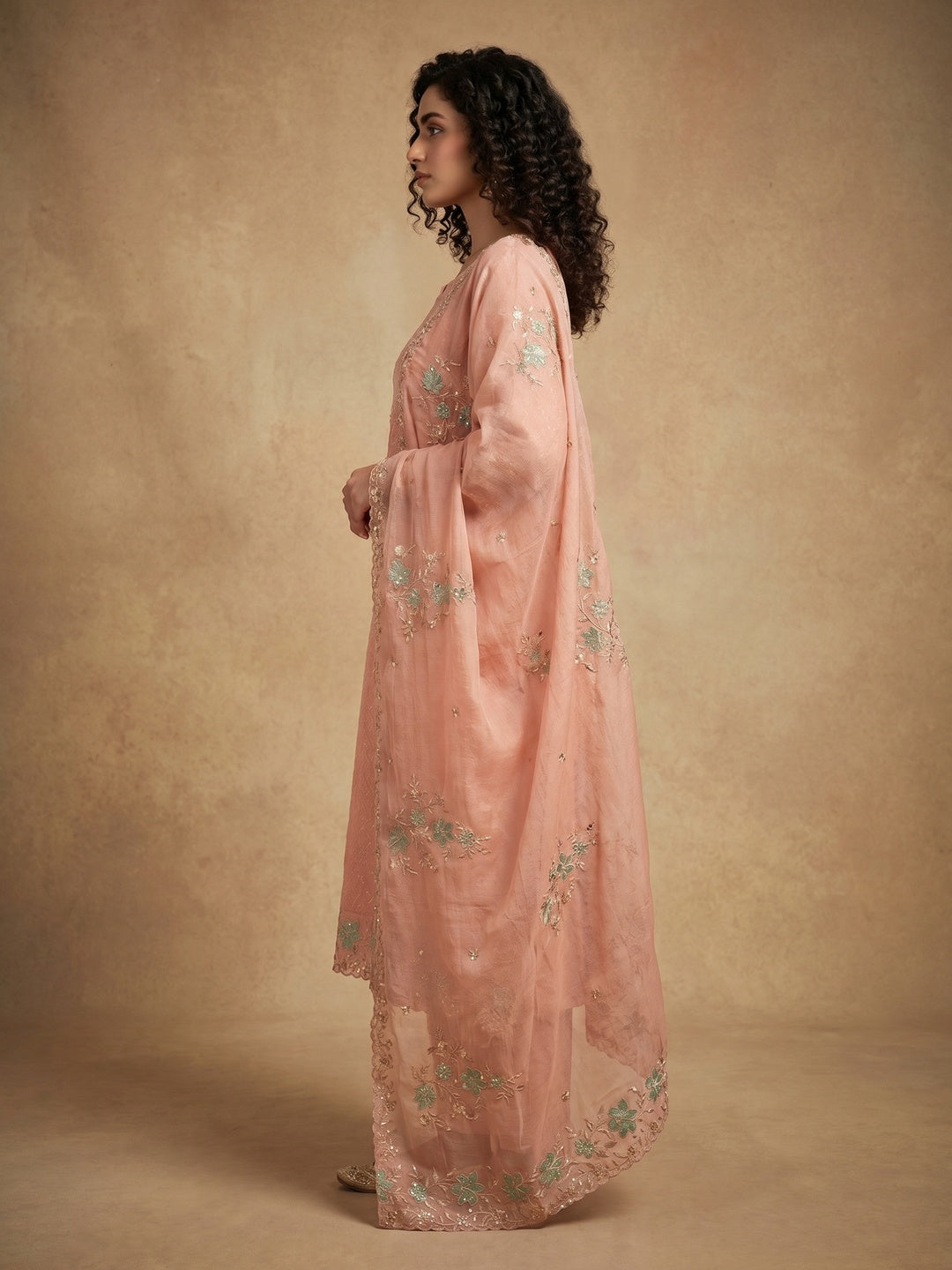 Peach Floral Embroidered Organza Dress Material - Image 2