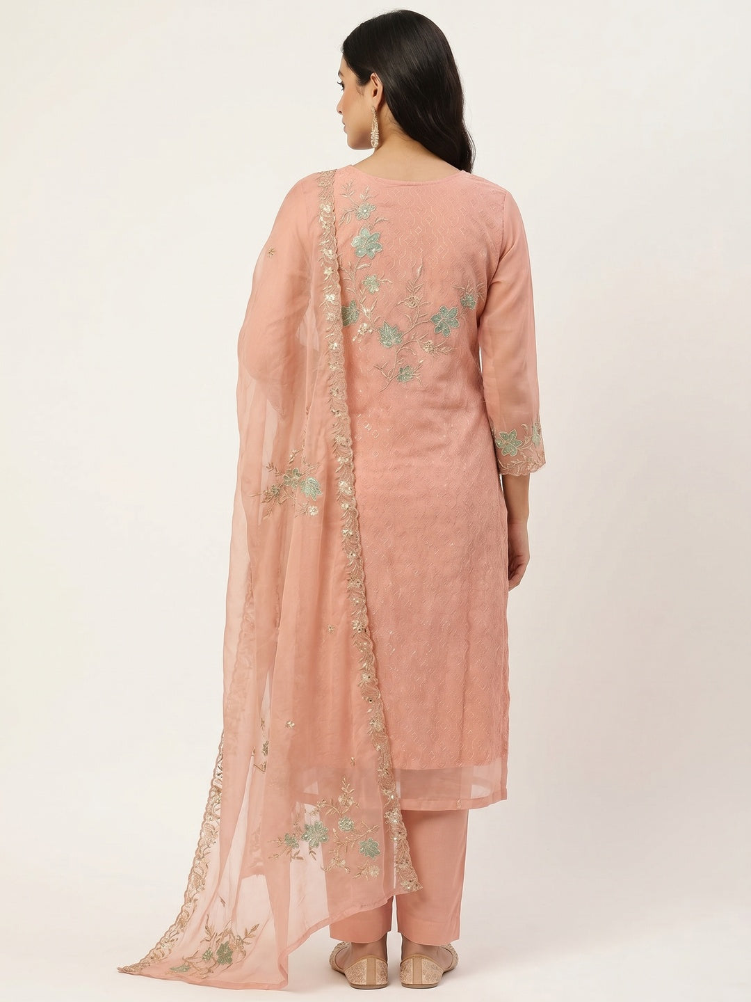 Peach Floral Embroidered Organza Dress Material - Image 3
