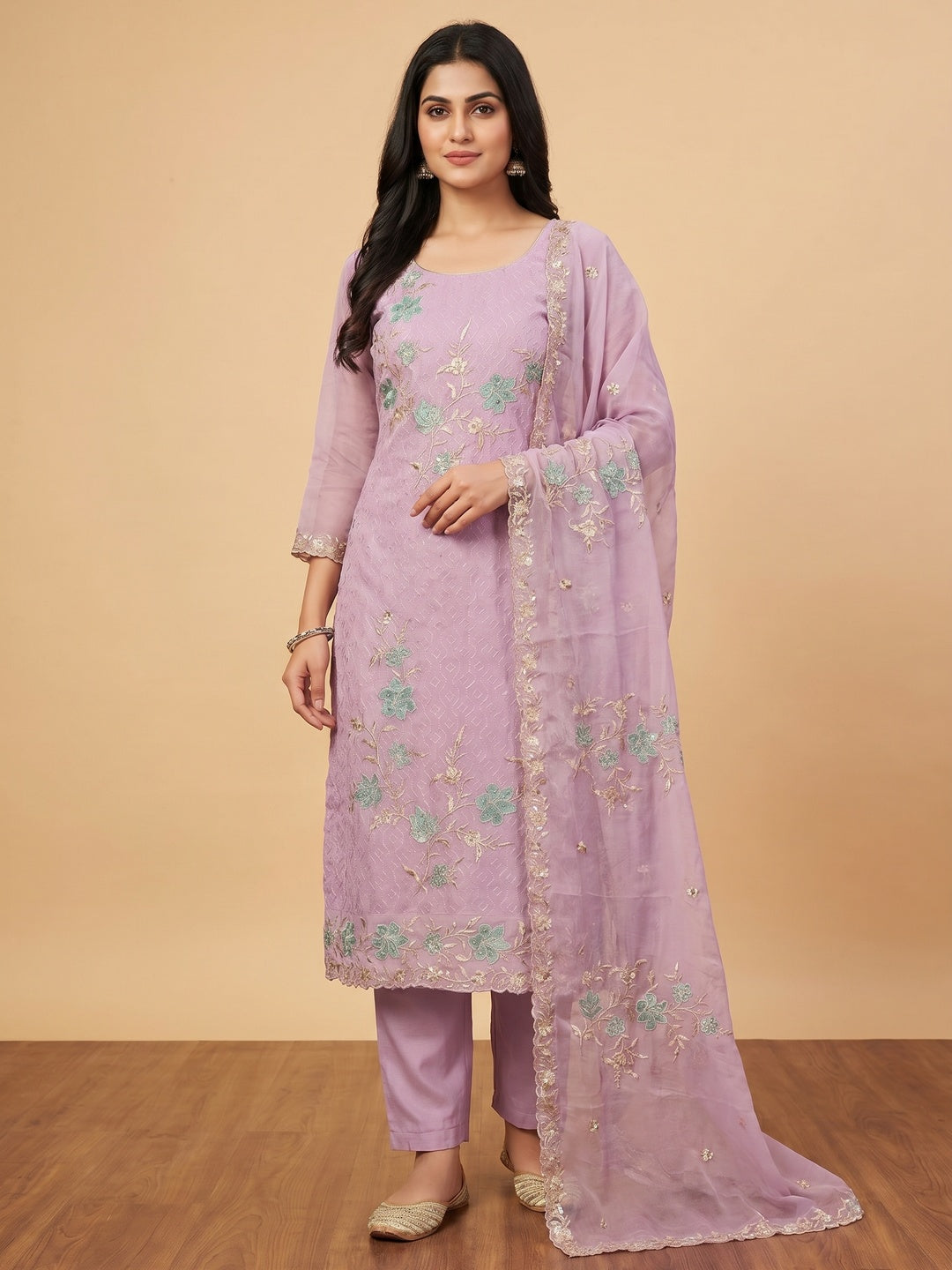 Light Mauve Floral Embroidered Organza Dress Material - Image 3