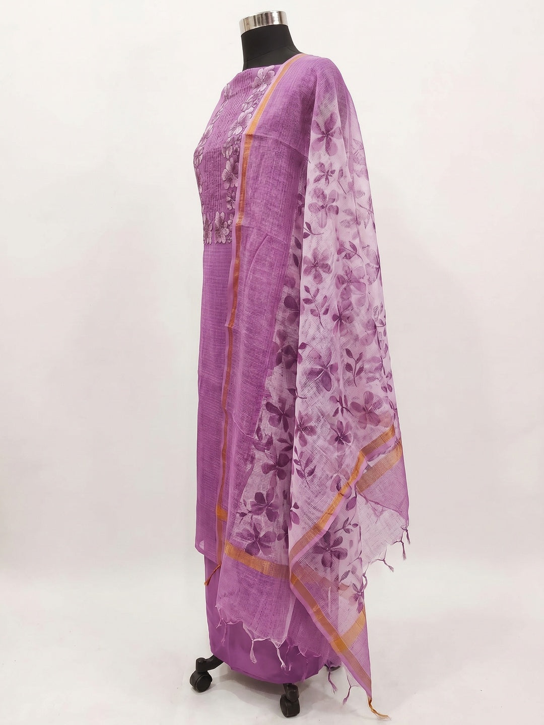 Purple Floral Embroidered Kota Doria Dress Material - Image 2