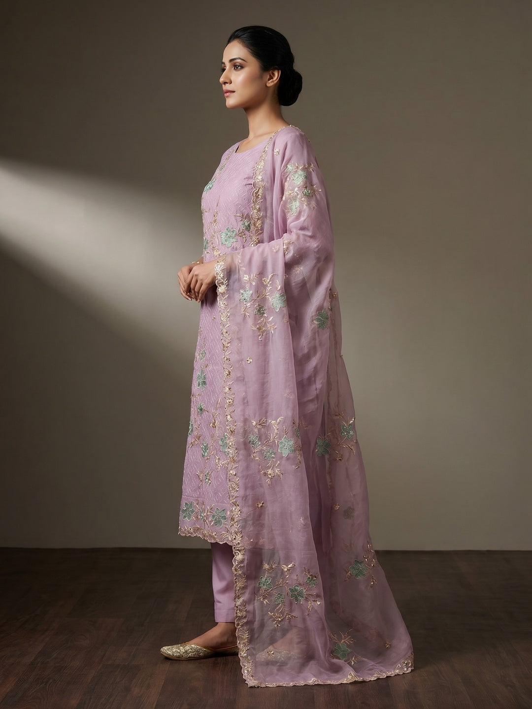 Light Mauve Floral Embroidered Organza Dress Material - Image 2