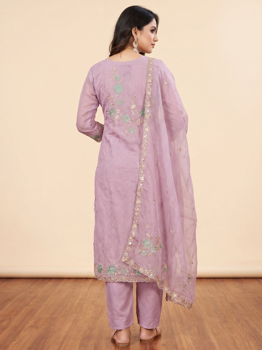 Light Mauve Floral Embroidered Organza Dress Material - Image 1