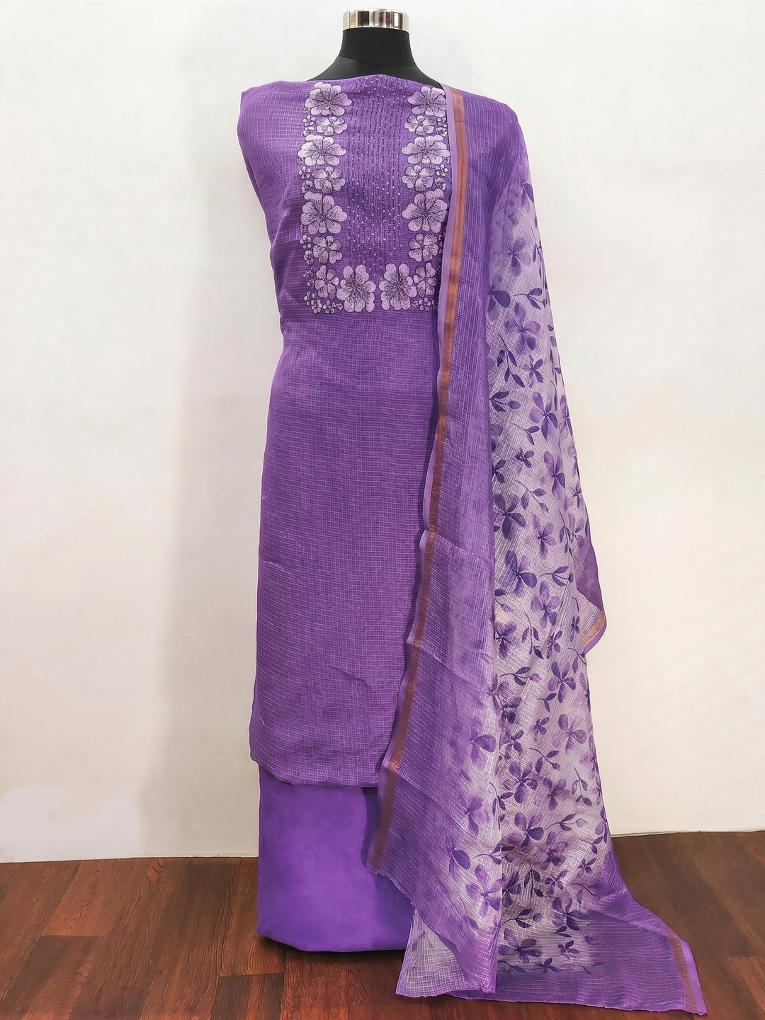 Lavender Floral Embroidered Kota Doria Dress Material - Image 1