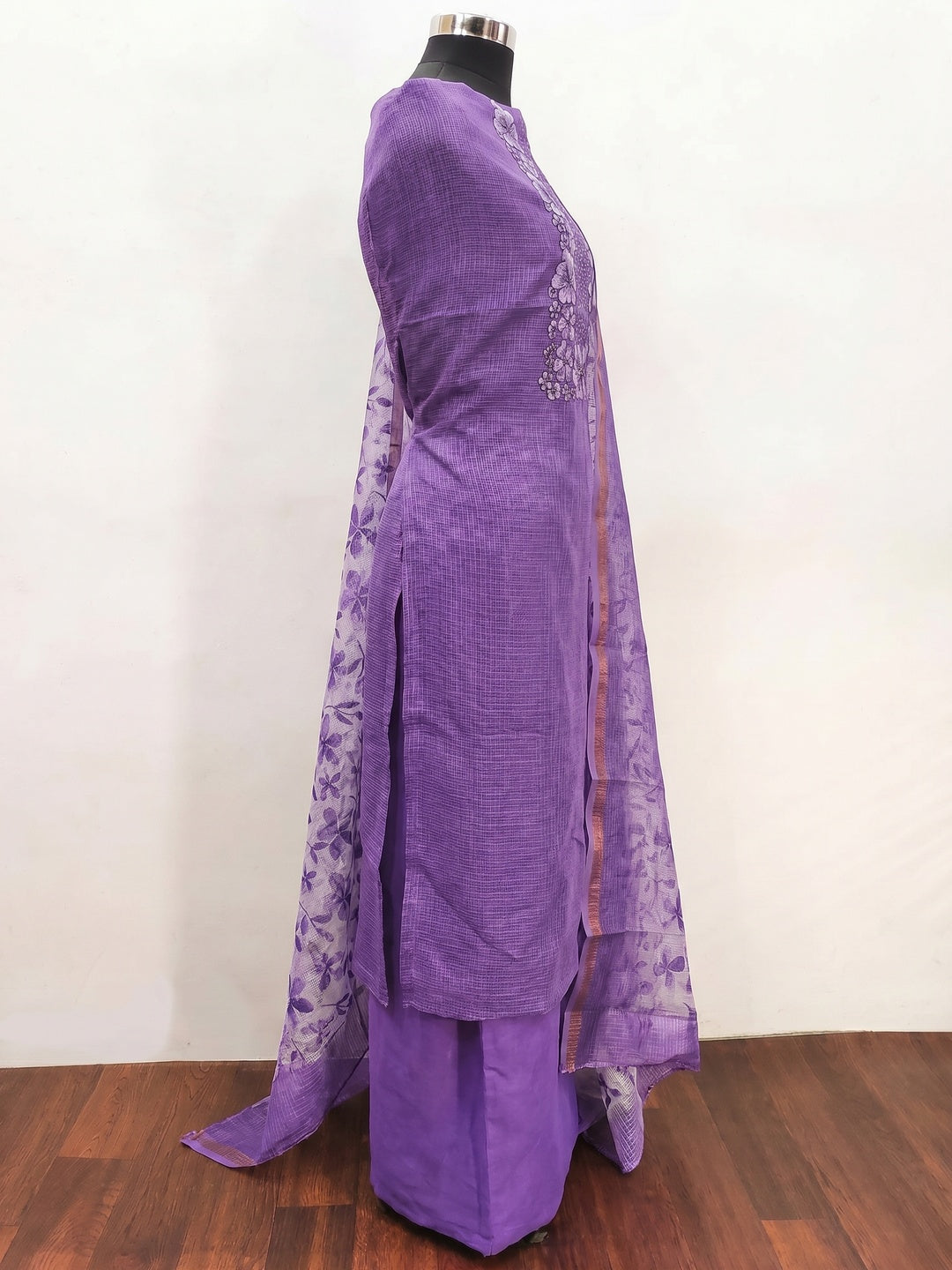 Lavender Floral Embroidered Kota Doria Dress Material - Image 3