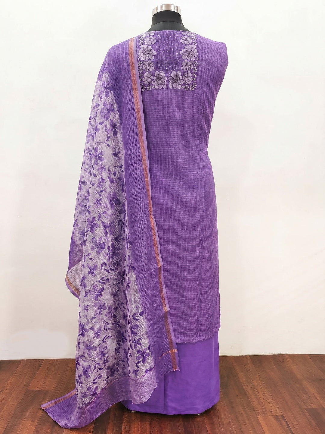 Lavender Floral Embroidered Kota Doria Dress Material - Image 2