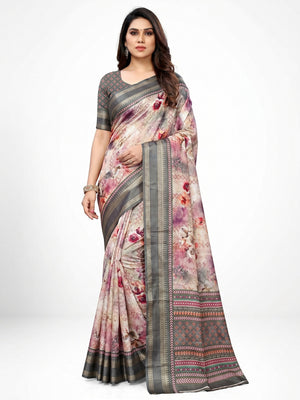 Light Grey Floral Digital Printed Cotton Silk Saree - Image 1