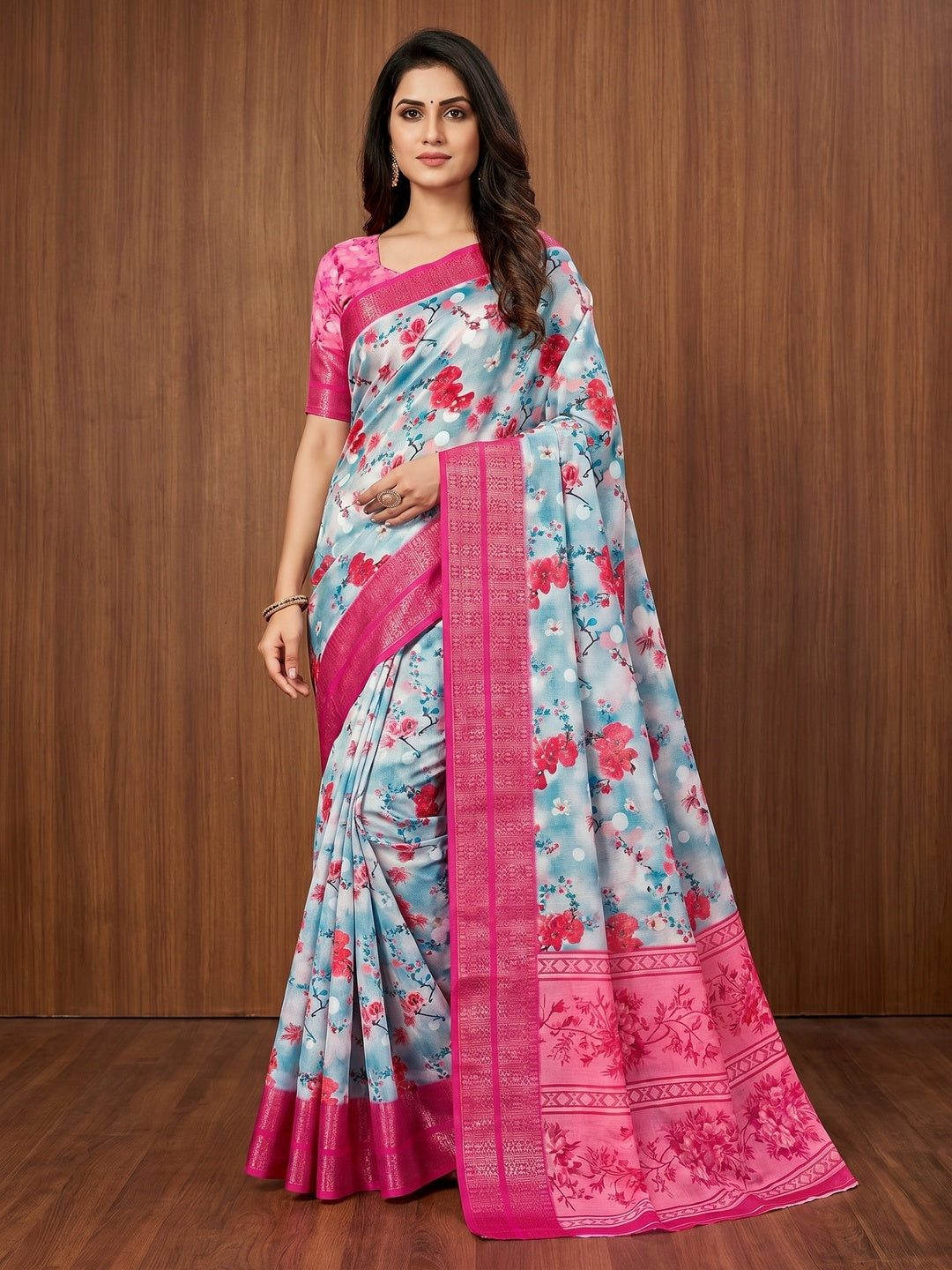 Blue Floral Digital Printed Cotton Silk Saree - Image 1
