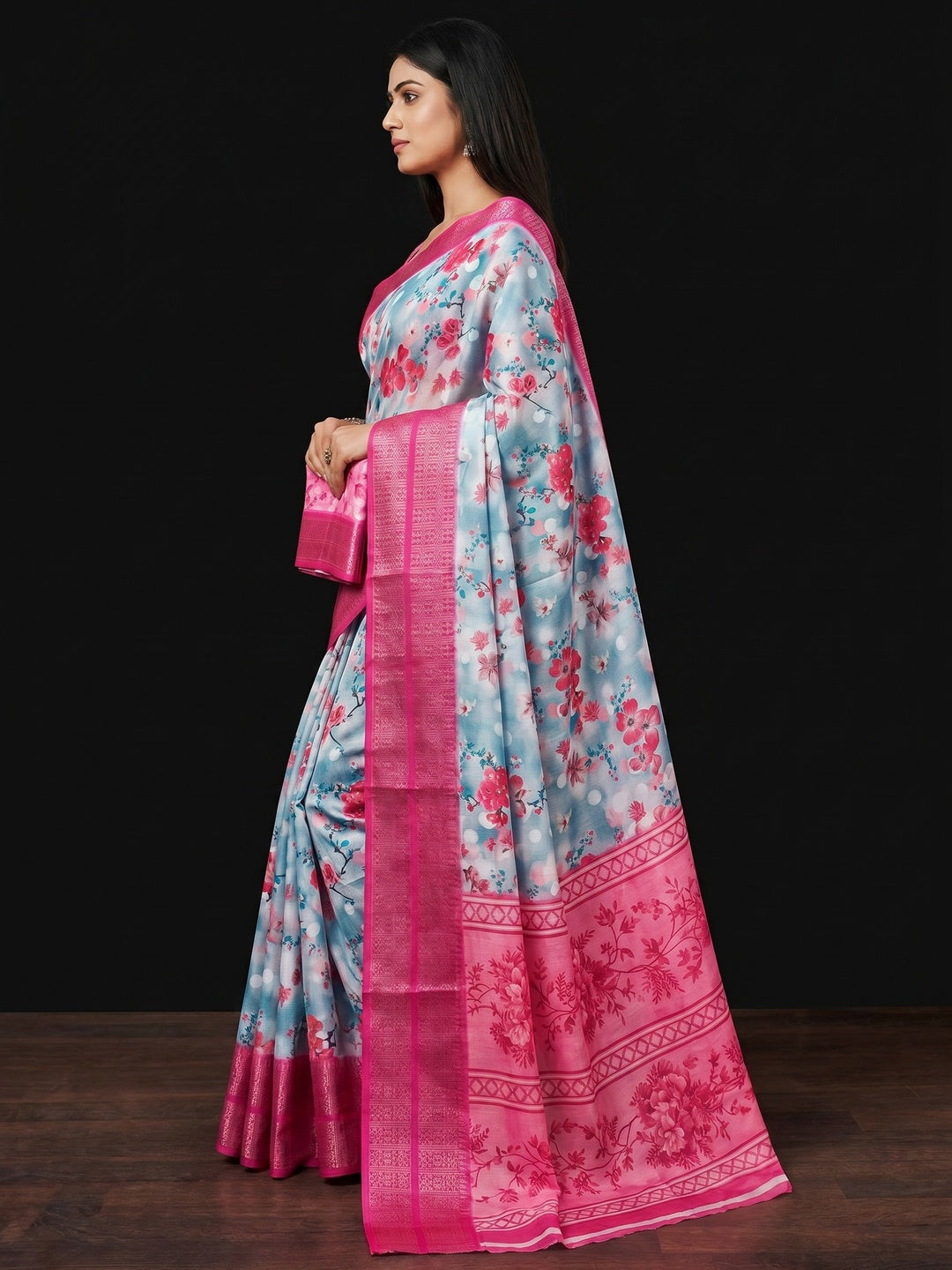 Blue Floral Digital Printed Cotton Silk Saree - Image 2