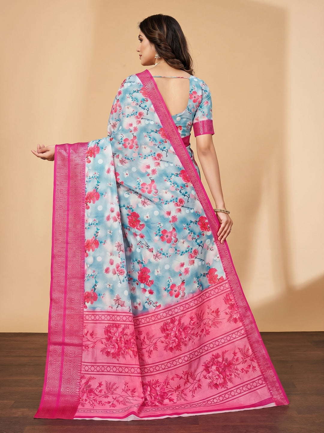 Blue Floral Digital Printed Cotton Silk Saree - Image 3