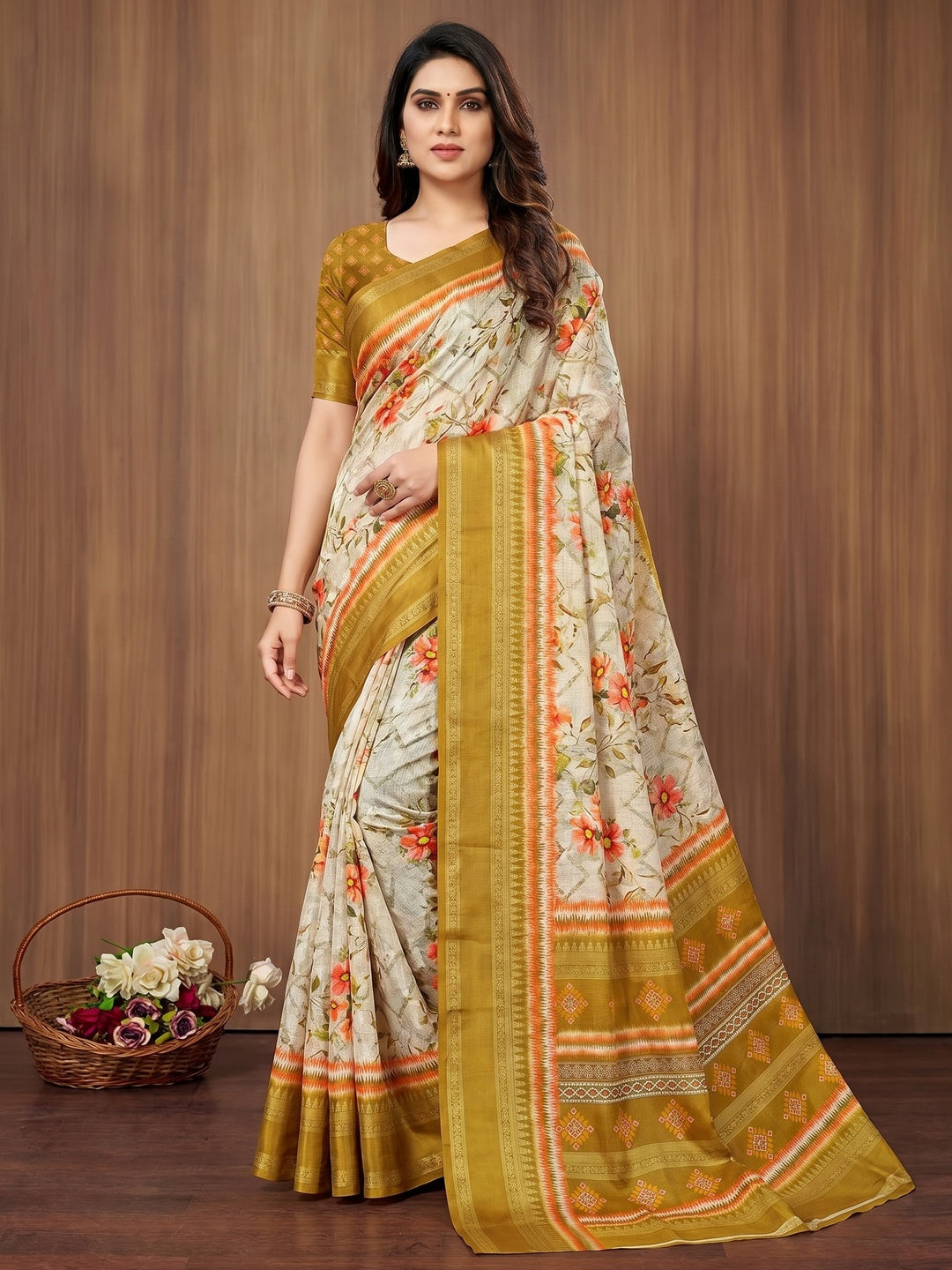 Mustard Floral Digital Printed Cotton Silk Saree - Image 1