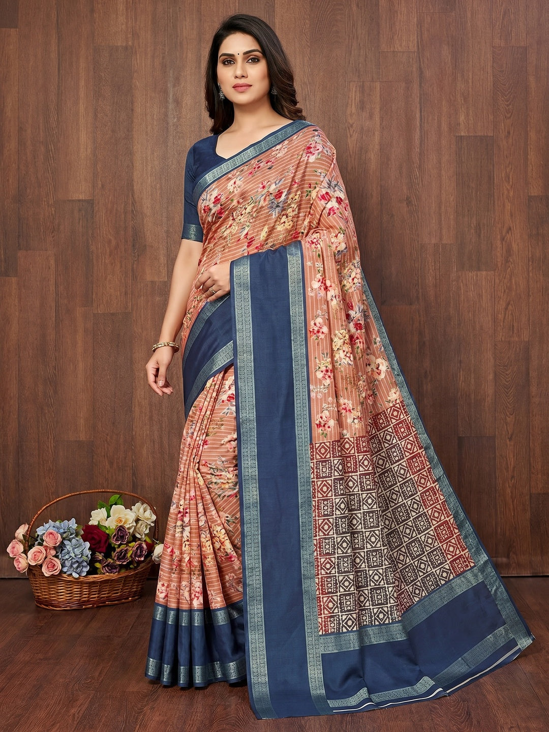 Peach Floral Digital Printed Cotton Silk Saree - Image 1