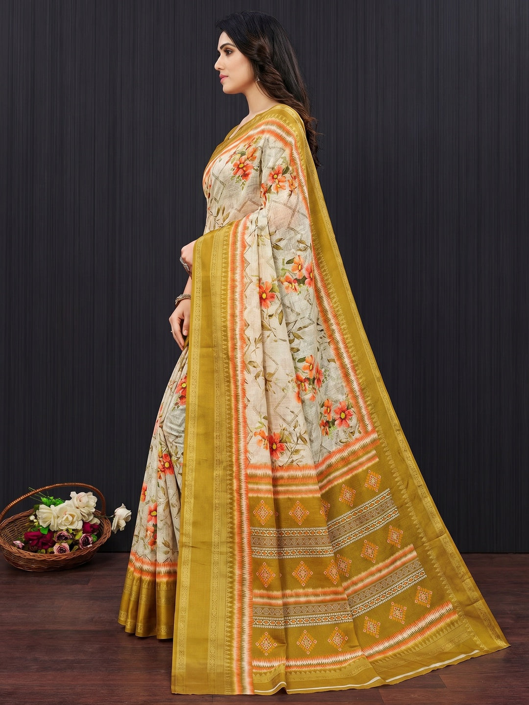Mustard Floral Digital Printed Cotton Silk Saree - Image 2