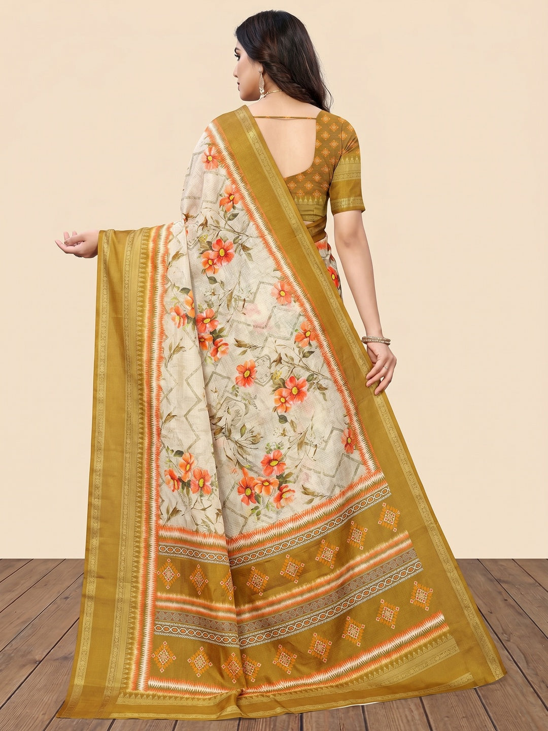 Mustard Floral Digital Printed Cotton Silk Saree - Image 3