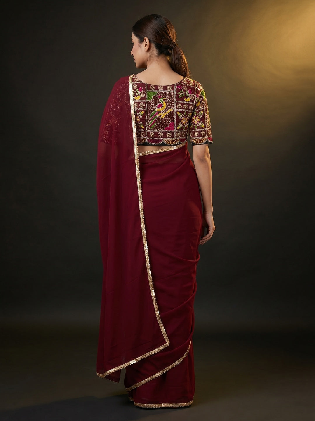 Maroon Solid Georgette Saree With Sequins Border - Image 3
