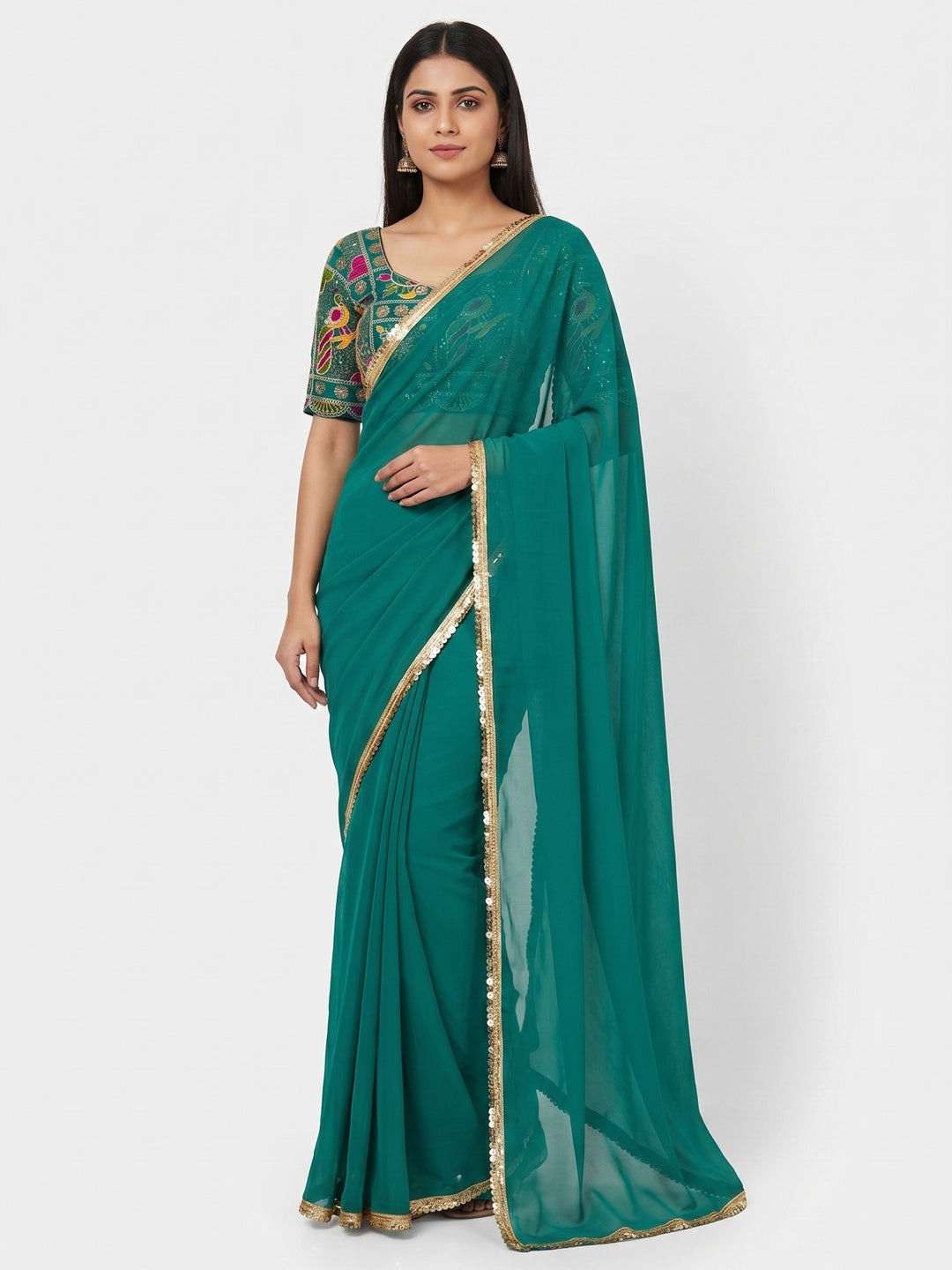 Rama Green Solid Georgette Saree With Sequins Border - Image 1