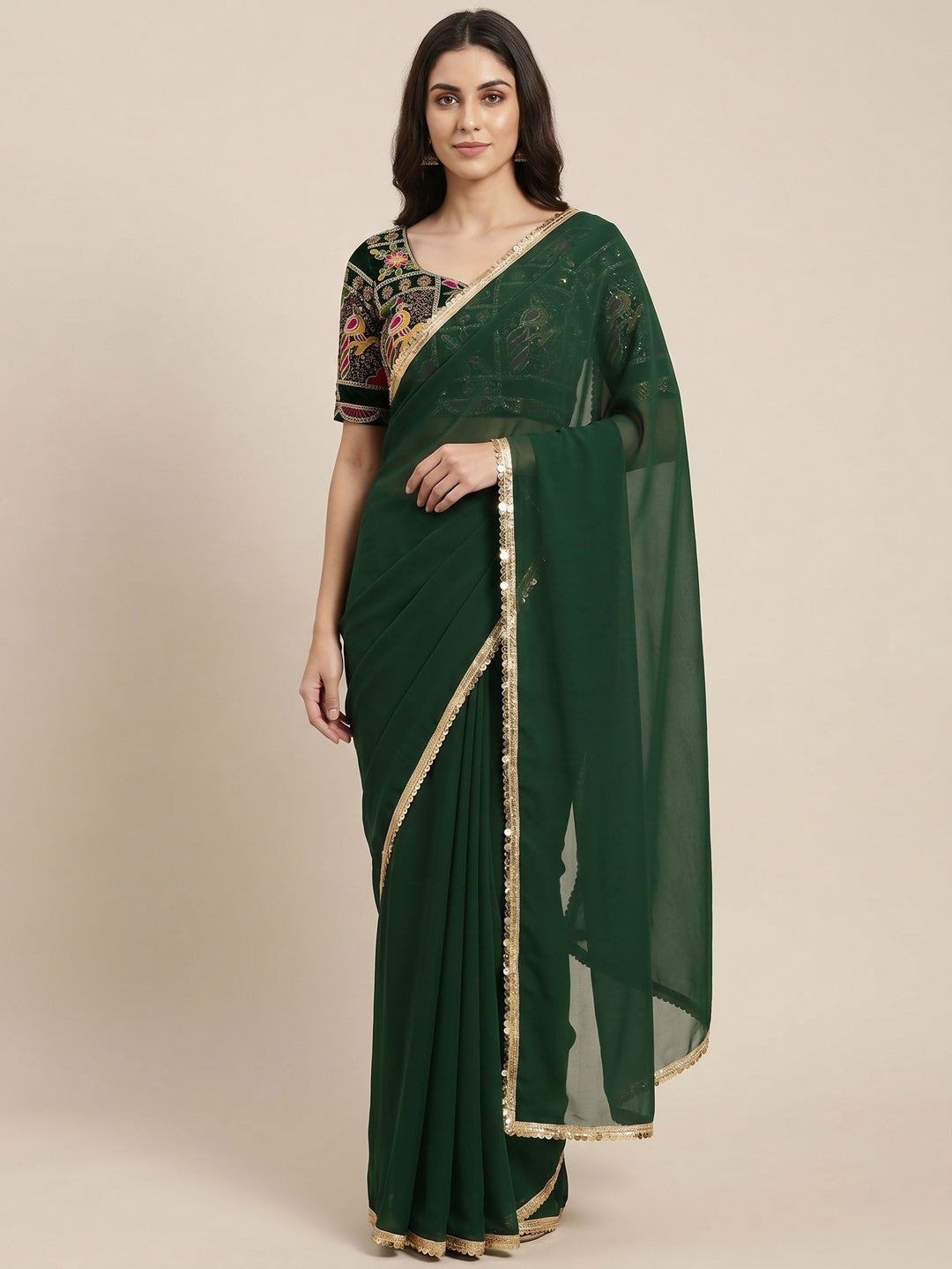 Green Solid Georgette Saree With Sequins Border - Image 1